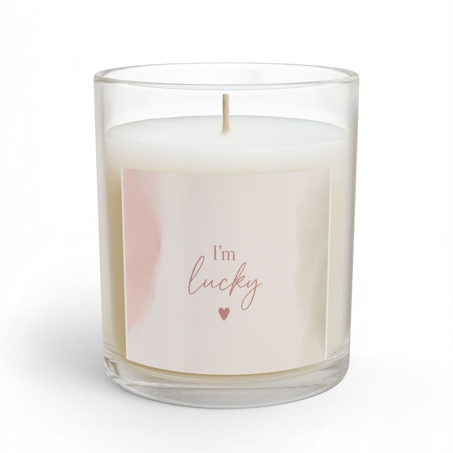 Scented Glass Candle - "I'm Lucky" Pink Watercolor Heart (11 oz)